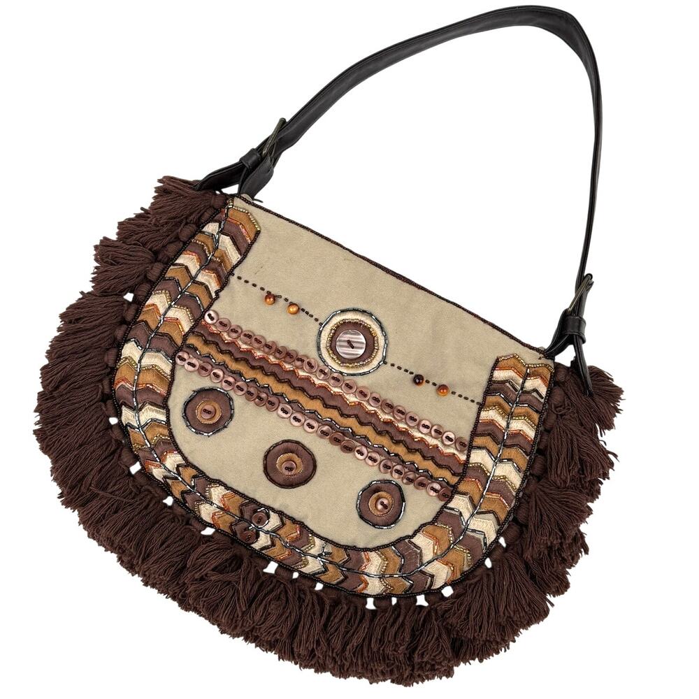 Express Y2K Boho Beaded Fringe Shoulder Bag Canvas Artisanal Festival Purse